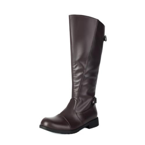 Damen Kniehohe Reitstiefel Mit Schnallenriemen Runde Spitze Niedrige Klobige Absätze Strapazierfähiges PU Leder Obermaterial Slip On Alltagsschuhe,Dark Brown,43.5 EU von HQINGAXU