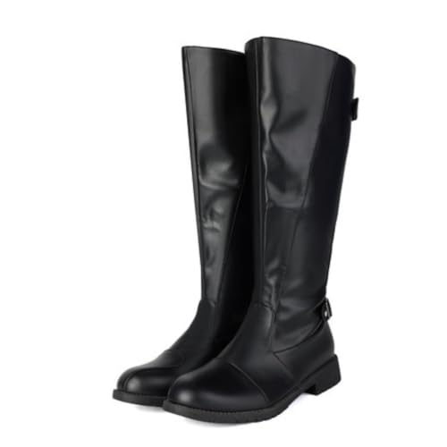 Damen Kniehohe Reitstiefel Mit Schnallenriemen Runde Spitze Niedrige Klobige Absätze Strapazierfähiges PU Leder Obermaterial Slip On Alltagsschuhe,Schwarz,37 EU von HQINGAXU
