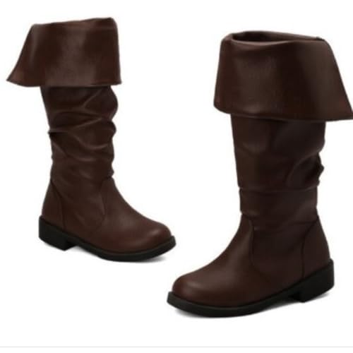 Damen Kniehohe Slouchy Stiefel Runde Zehen Niedriger Blockabsatz Zum Hineinschlüpfen Strapazierfähiges PU Leder Bequem Reitmode Schuhe,Braun,38 EU von HQINGAXU