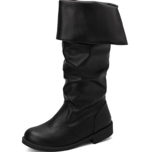 Damen Kniehohe Slouchy Stiefel Runde Zehen Niedriger Blockabsatz Zum Hineinschlüpfen Strapazierfähiges PU Leder Bequem Reitmode Schuhe,Schwarz,43 EU von HQINGAXU