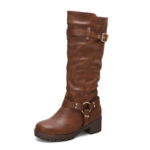 Damen Kniehohe Stiefel Mit Verstellbarem Schnallenriemen Runde Spitze Niedrige Klobige Absätze PU Leder Obermaterial Slip On Alltagsschuhe,Dark Brown,43.5 EU von HQINGAXU
