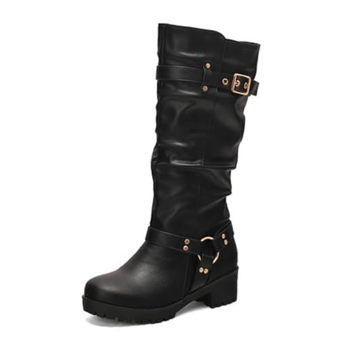 Damen Kniehohe Stiefel Mit Verstellbarem Schnallenriemen Runde Spitze Niedrige Klobige Absätze PU Leder Obermaterial Slip On Alltagsschuhe,Schwarz,38 EU von HQINGAXU