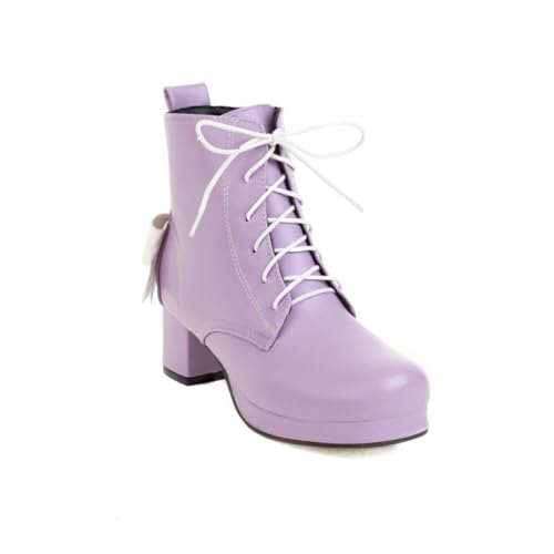 Damen Knöchel Stiefeletten Mit Schleife Runde Zehen Blockabsatz Schnürung Strapazierfähiges PU Leder Bequem Slip On Freizeit Alltag Schuhe,Lila,40 EU von HQINGAXU