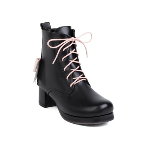 Damen Knöchel Stiefeletten Mit Schleife Runde Zehen Blockabsatz Schnürung Strapazierfähiges PU Leder Bequem Slip On Freizeit Alltag Schuhe,Schwarz,38 EU von HQINGAXU