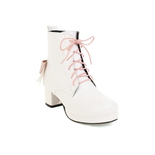 Damen Knöchel Stiefeletten Mit Schleife Runde Zehen Blockabsatz Schnürung Strapazierfähiges PU Leder Bequem Slip On Freizeit Alltag Schuhe,Weiß,40 EU von HQINGAXU