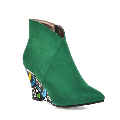 Damen Knöchelstiefel Buntes Wildleder Spitze Zehe Hohe Keilabsätze Seitlicher Reißverschluss Robustes Obermaterial Lässige Party Abendkleid Schuhe,Grün,38 EU von HQINGAXU