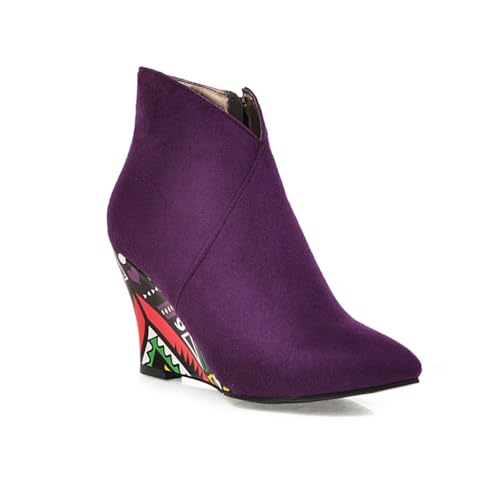 Damen Knöchelstiefel Buntes Wildleder Spitze Zehe Hohe Keilabsätze Seitlicher Reißverschluss Robustes Obermaterial Lässige Party Abendkleid Schuhe,Lila,37 EU von HQINGAXU