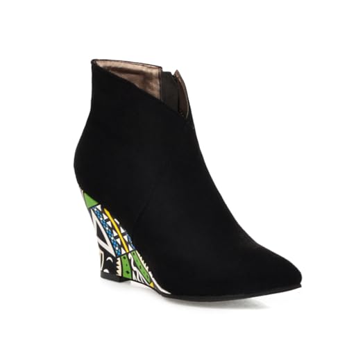 Damen Knöchelstiefel Buntes Wildleder Spitze Zehe Hohe Keilabsätze Seitlicher Reißverschluss Robustes Obermaterial Lässige Party Abendkleid Schuhe,Schwarz,38 EU von HQINGAXU