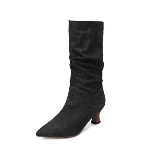 Damen Metallic Overknee Stiefel Spitz Stilettoabsatz PU Leder Obermaterial Reißverschluss Bequeme Party Nachtclub Abendschuhe,Black Cloth,36 EU von HQINGAXU
