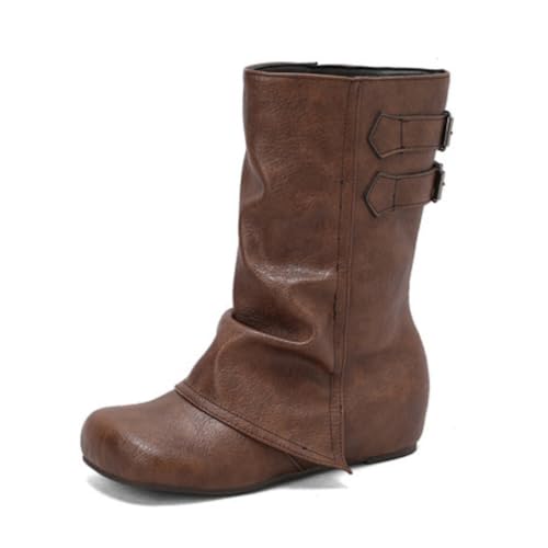 Damen Mid-Calf Stiefel Runde Spitze Keilabsatz Doppel Schnallen PU Leder Obermaterial rutschfest Langlebig Alltag Komfortabel Stilvoll,Dark Brown,43 EU von HQINGAXU