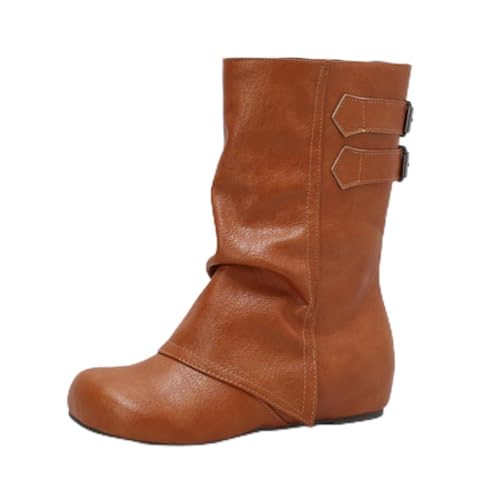Damen Mid-Calf Stiefel Runde Spitze Keilabsatz Doppel Schnallen PU Leder Obermaterial rutschfest Langlebig Alltag Komfortabel Stilvoll,Gelb,43.5 EU von HQINGAXU
