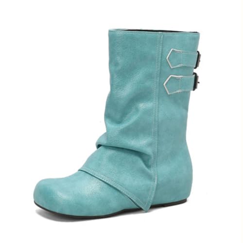 Damen Mid-Calf Stiefel Runde Spitze Keilabsatz Doppel Schnallen PU Leder Obermaterial rutschfest Langlebig Alltag Komfortabel Stilvoll,Grün,37 EU von HQINGAXU
