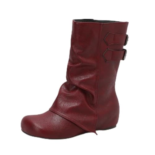 Damen Mid-Calf Stiefel Runde Spitze Keilabsatz Doppel Schnallen PU Leder Obermaterial rutschfest Langlebig Alltag Komfortabel Stilvoll,Wine red,36 EU von HQINGAXU