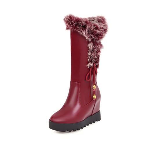 Damen Mittelhohe Stiefel Mit Kunstpelz Runde Zehen Keilabsatz Schnürung Strapazierfähiges PU Leder Bequem Warm Slip On Freizeit Alltag Outdoor Schuhe,Rot,37 EU von HQINGAXU