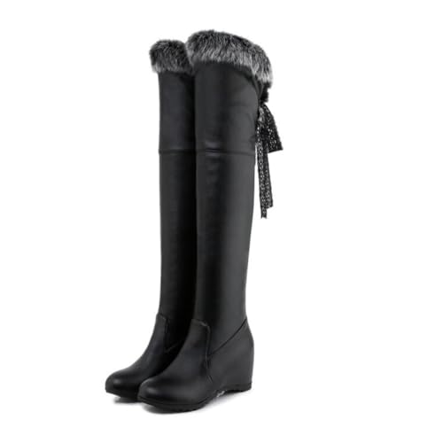 Damen Over-The-Knee Stiefel Mit Kunstpelzbesatz Schnürung Mittelhohe Keilabsätze Runde Spitze Strapazierfähiges PU Leder Obermaterial Slip On,Schwarz,37.5 EU von HQINGAXU