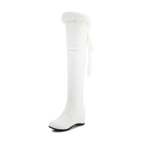 Damen Over-The-Knee Stiefel Mit Kunstpelzbesatz Schnürung Mittelhohe Keilabsätze Runde Spitze Strapazierfähiges PU Leder Obermaterial Slip On,Weiß,43 EU von HQINGAXU
