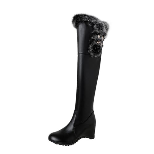 Damen Over-The-Knee Stiefel Runde Spitze Mit Kunstpelzbesatz Schnallenriemen Mittelhohe Keilabsätze Strapazierfähiges PU Leder Obermaterial Slip On,Schwarz,38 EU von HQINGAXU