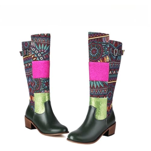 Damen Patchwork Stiefel Kniehoch Mit Schnallenverzierung Runde Spitze Niedrige Klobige Absätze Strapazierfähiges PU Leder Slip On Bequeme Boho Schuhe,Dark Green,43.5 EU von HQINGAXU