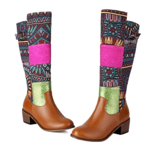 Damen Patchwork Stiefel Kniehoch Mit Schnallenverzierung Runde Spitze Niedrige Klobige Absätze Strapazierfähiges PU Leder Slip On Bequeme Boho Schuhe,Light Brown,36 EU von HQINGAXU