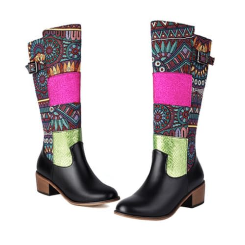 Damen Patchwork Stiefel Kniehoch Mit Schnallenverzierung Runde Spitze Niedrige Klobige Absätze Strapazierfähiges PU Leder Slip On Bequeme Boho Schuhe,Schwarz,45 EU von HQINGAXU