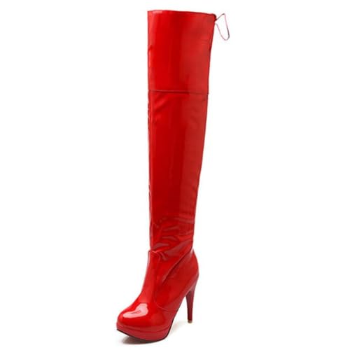 Damen Retro Overknee Stiefel Mit Runder Spitze Lackleder Obermaterial Seitlicher Reißverschluss Stiletto High Heels Schnürung Plateau Slip On,Rot,36 EU von HQINGAXU