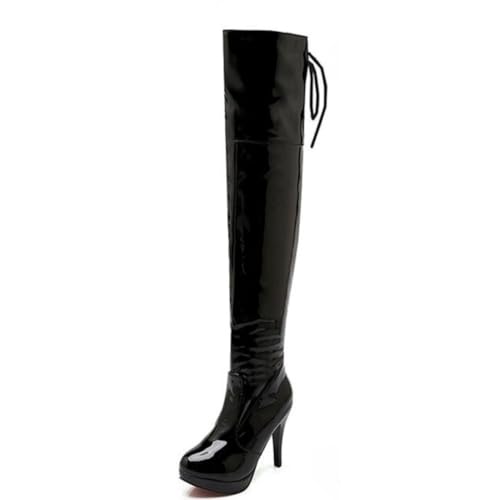 Damen Retro Overknee Stiefel Mit Runder Spitze Lackleder Obermaterial Seitlicher Reißverschluss Stiletto High Heels Schnürung Plateau Slip On,Schwarz,37 EU von HQINGAXU