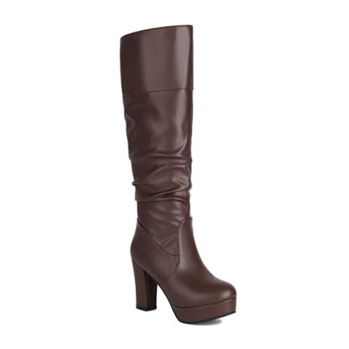 Damen Schlupf Kniehohe Stiefel Blockabsatz Runde Spitze PU Leder Plateau Gepolsterte Innensohle Abend Party Ball Freizeit Schuhe Stilvoll Haltbar,Braun,43.5 EU von HQINGAXU