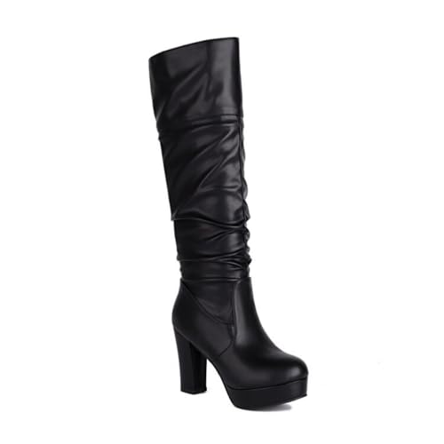 Damen Schlupf Kniehohe Stiefel Blockabsatz Runde Spitze PU Leder Plateau Gepolsterte Innensohle Abend Party Ball Freizeit Schuhe Stilvoll Haltbar,Schwarz,36 EU von HQINGAXU