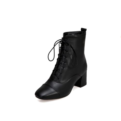Damen Schnür-Stiefeletten mit Quadratzehen, mittelhohen Blockabsätzen, strapazierfähigem PU-Leder-Obermaterial, bequemen Schlupfschuhen, Kleiderschuhen,Schwarz,40 EU von HQINGAXU