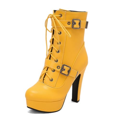 Damen Schnürstiefeletten Mit Rundem Zeh PU Leder Obermaterial Hohe Absätze Plattform Schnallenriemen Slip On Elegante Abend Party Schuhe,Gelb,35.5 EU von HQINGAXU