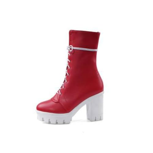 Damen Schnürstiefeletten Mit Rundem Zeh Strapazierfähiges PU Leder Obermaterial Mittlere Klobige Blockabsätze Slip On Party Club Schuhe,Rot,37 EU von HQINGAXU