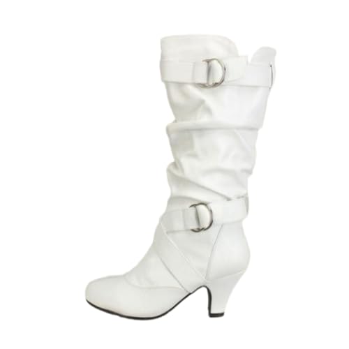 Damen Slouchy Mittelhohe Stiefel Runde Zehen Kittenabsatz Schnalle Strapazierfähiges PU Leder Bequem Slip On Freizeit Alltag Abend Schuhe,Weiß,35.5 EU von HQINGAXU