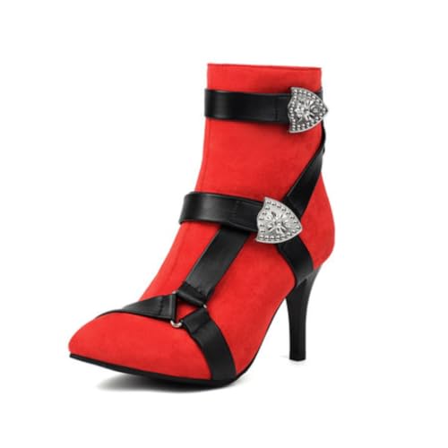 Damen Stiefeletten Aus Wildleder Spitz Hohe Stilettos Mit Strassschnalle Reißverschluss Weiches Futter rutschfeste Strapazierfähige Sohle,Rot,46.5 EU von HQINGAXU