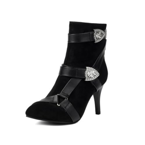 Damen Stiefeletten Aus Wildleder Spitz Hohe Stilettos Mit Strassschnalle Reißverschluss Weiches Futter rutschfeste Strapazierfähige Sohle,Schwarz,35.5 EU von HQINGAXU