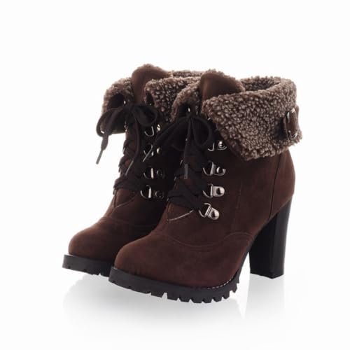 Damen Stiefeletten Mit Fleece-Futter Obermaterial Wildleder Runde Spitze Schnürung Schnallenriemen Klobige Hohe Blockabsätze Slip on Winter Casual Schuhe,Braun,36 EU von HQINGAXU