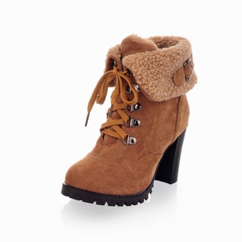 Damen Stiefeletten Mit Fleece-Futter Obermaterial Wildleder Runde Spitze Schnürung Schnallenriemen Klobige Hohe Blockabsätze Slip on Winter Casual Schuhe,Gelb,40 EU von HQINGAXU