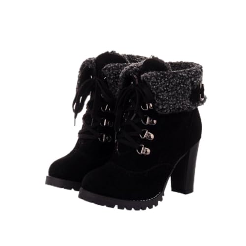 Damen Stiefeletten Mit Fleece-Futter Obermaterial Wildleder Runde Spitze Schnürung Schnallenriemen Klobige Hohe Blockabsätze Slip on Winter Casual Schuhe,Schwarz,35.5 EU von HQINGAXU