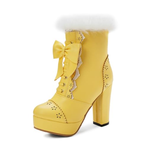 Damen Stiefeletten Mit Rundem Zeh Schleifenverzierung Kunstpelzbesatz Hohe Klobige Absätze Zum Schnüren Seitlicher Reißverschluss Cosplay Schuhe,Gelb,38 EU von HQINGAXU