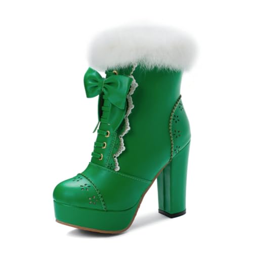 Damen Stiefeletten Mit Rundem Zeh Schleifenverzierung Kunstpelzbesatz Hohe Klobige Absätze Zum Schnüren Seitlicher Reißverschluss Cosplay Schuhe,Grün,36 EU von HQINGAXU