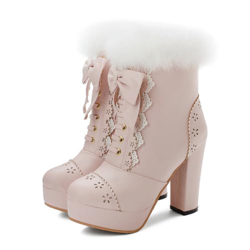 Damen Stiefeletten Mit Rundem Zeh Schleifenverzierung Kunstpelzbesatz Hohe Klobige Absätze Zum Schnüren Seitlicher Reißverschluss Cosplay Schuhe,Rosa,43.5 EU von HQINGAXU