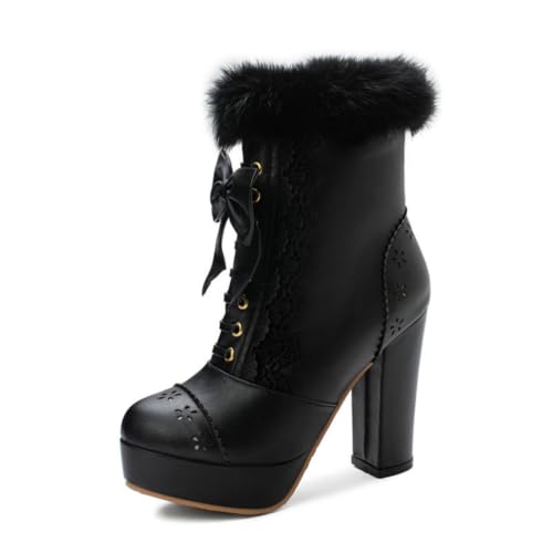 Damen Stiefeletten Mit Rundem Zeh Schleifenverzierung Kunstpelzbesatz Hohe Klobige Absätze Zum Schnüren Seitlicher Reißverschluss Cosplay Schuhe,Schwarz,37 EU von HQINGAXU