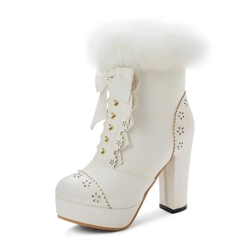 Damen Stiefeletten Mit Rundem Zeh Schleifenverzierung Kunstpelzbesatz Hohe Klobige Absätze Zum Schnüren Seitlicher Reißverschluss Cosplay Schuhe,Weiß,35.5 EU von HQINGAXU