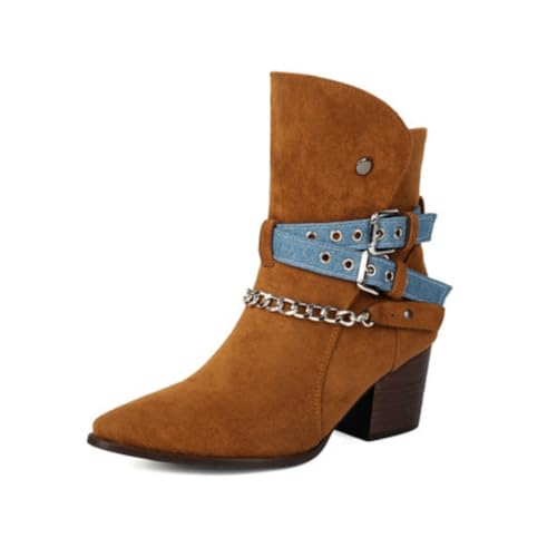 Damen Stiefeletten Spitz Mit Strassschnalle Mittlerer Blockabsatz Aus Strapazierfähigem Wildleder Bequem Für Abend Und Party,Braun,35.5 EU von HQINGAXU
