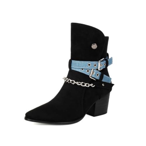 Damen Stiefeletten Spitz Mit Strassschnalle Mittlerer Blockabsatz Aus Strapazierfähigem Wildleder Bequem Für Abend Und Party,Schwarz,38 EU von HQINGAXU