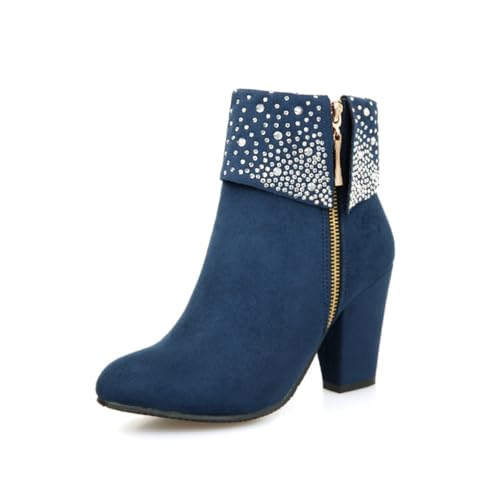 Damen Strass Verzierte Knöchel Stiefeletten Runde Zehen Blockabsatz Seiten Reißverschluss Bequem Slip On Stilvoll Abend Party Prom Schuhe,Blau,45 EU von HQINGAXU