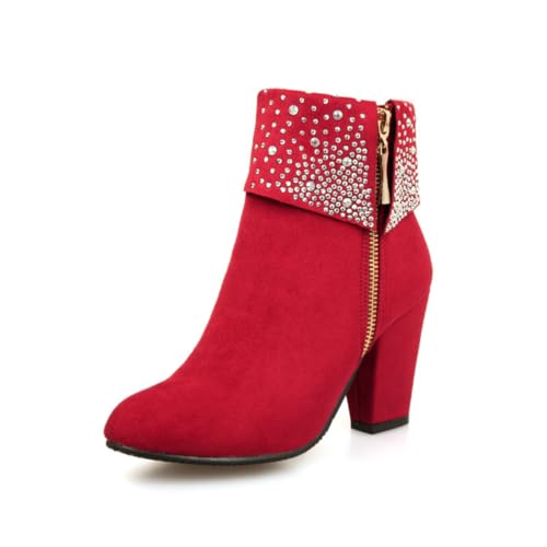 Damen Strass Verzierte Knöchel Stiefeletten Runde Zehen Blockabsatz Seiten Reißverschluss Bequem Slip On Stilvoll Abend Party Prom Schuhe,Rot,37 EU von HQINGAXU