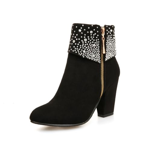 Damen Strass Verzierte Knöchel Stiefeletten Runde Zehen Blockabsatz Seiten Reißverschluss Bequem Slip On Stilvoll Abend Party Prom Schuhe,Schwarz,43.5 EU von HQINGAXU