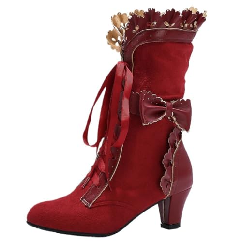 Damen Vintage Mittelhohe Stiefel Spitz Zehen Kittenabsatz Schleife Schnürung Elegante Abend Party Prom Schuhe Hochzeit Besondere Anlässe,Rot,40 EU von HQINGAXU