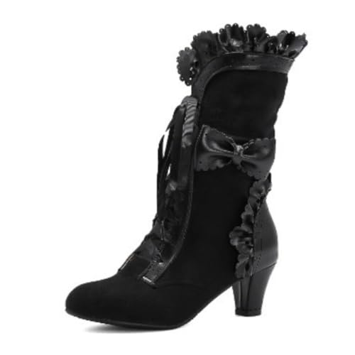 Damen Vintage Mittelhohe Stiefel Spitz Zehen Kittenabsatz Schleife Schnürung Elegante Abend Party Prom Schuhe Hochzeit Besondere Anlässe,Schwarz,35.5 EU von HQINGAXU