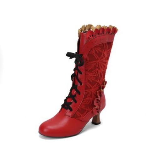 Damen Vintage Schnürstiefel Wadenhoch Mit Blumenstickerei Runde Spitze Mittlere Kittenabsätze Strapazierfähiges PU Leder Obermaterial Slip On,Lila,36 EU von HQINGAXU
